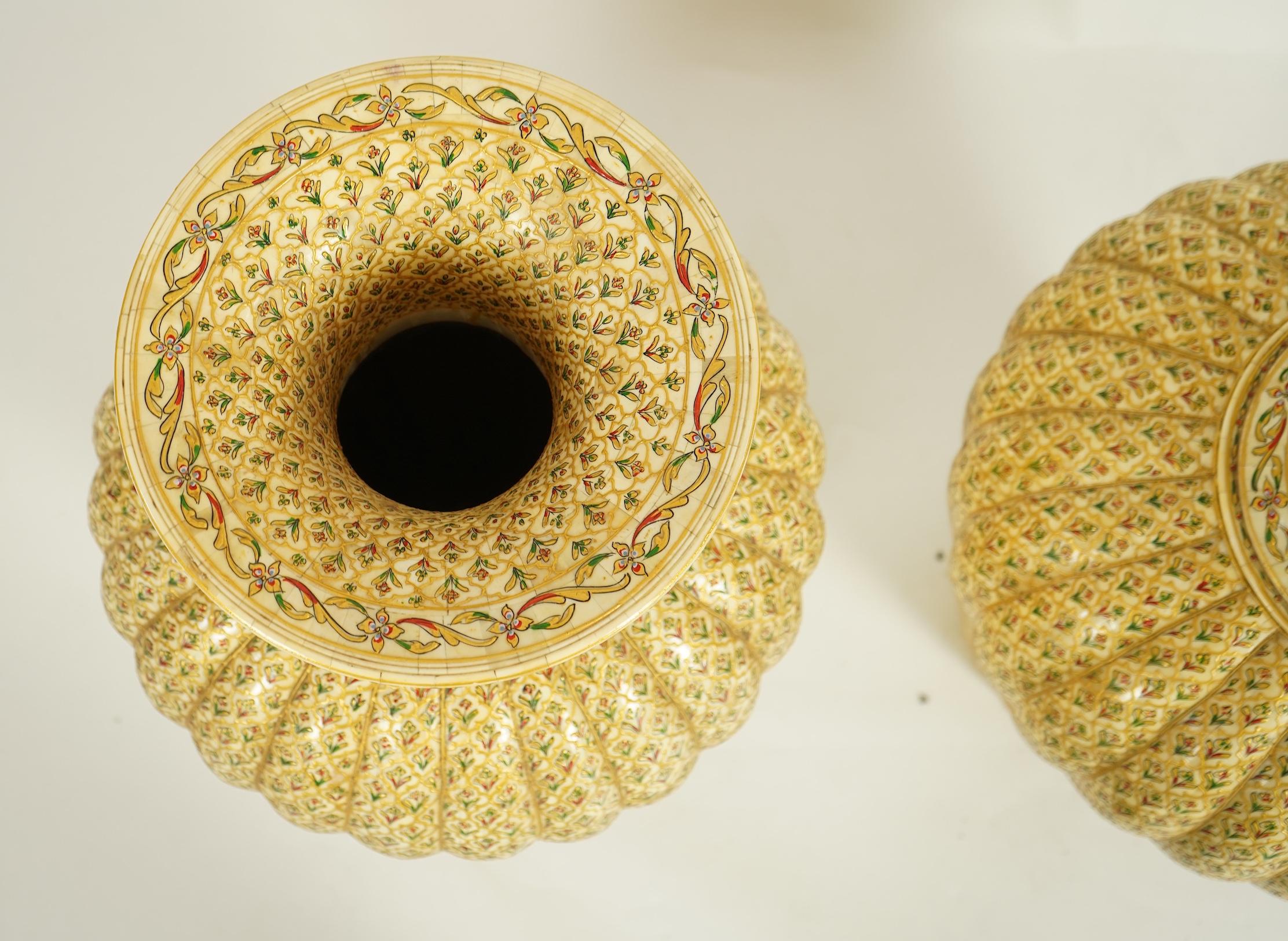 A pair of large Indian painted bone veneered vases, in Mughal style